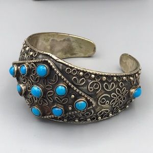 Vintage Etruscan Blue Cabochon Cuff Bracelet